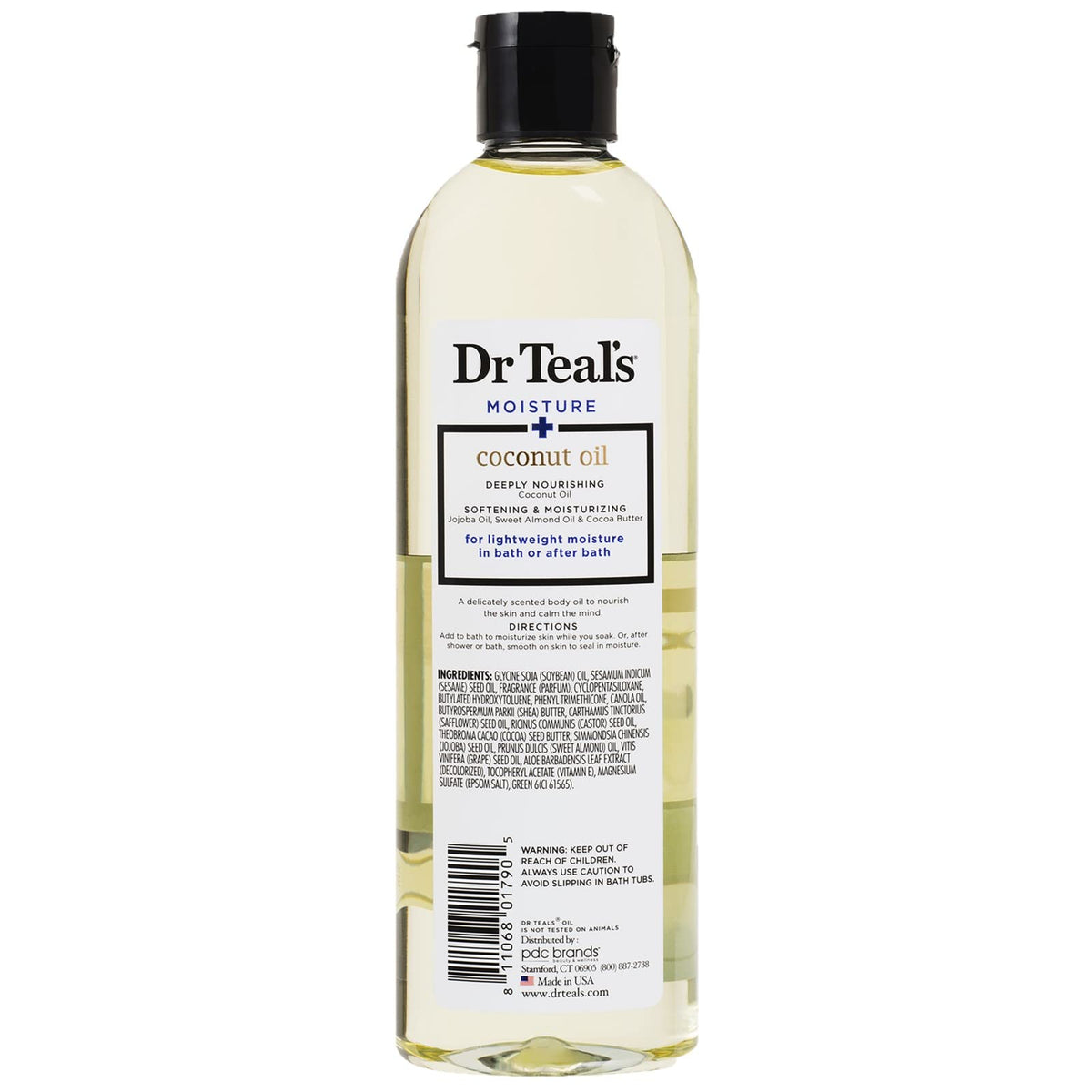 Close-up of Dr Teal's Nourishing Coconut Oil B&B Oil bottle