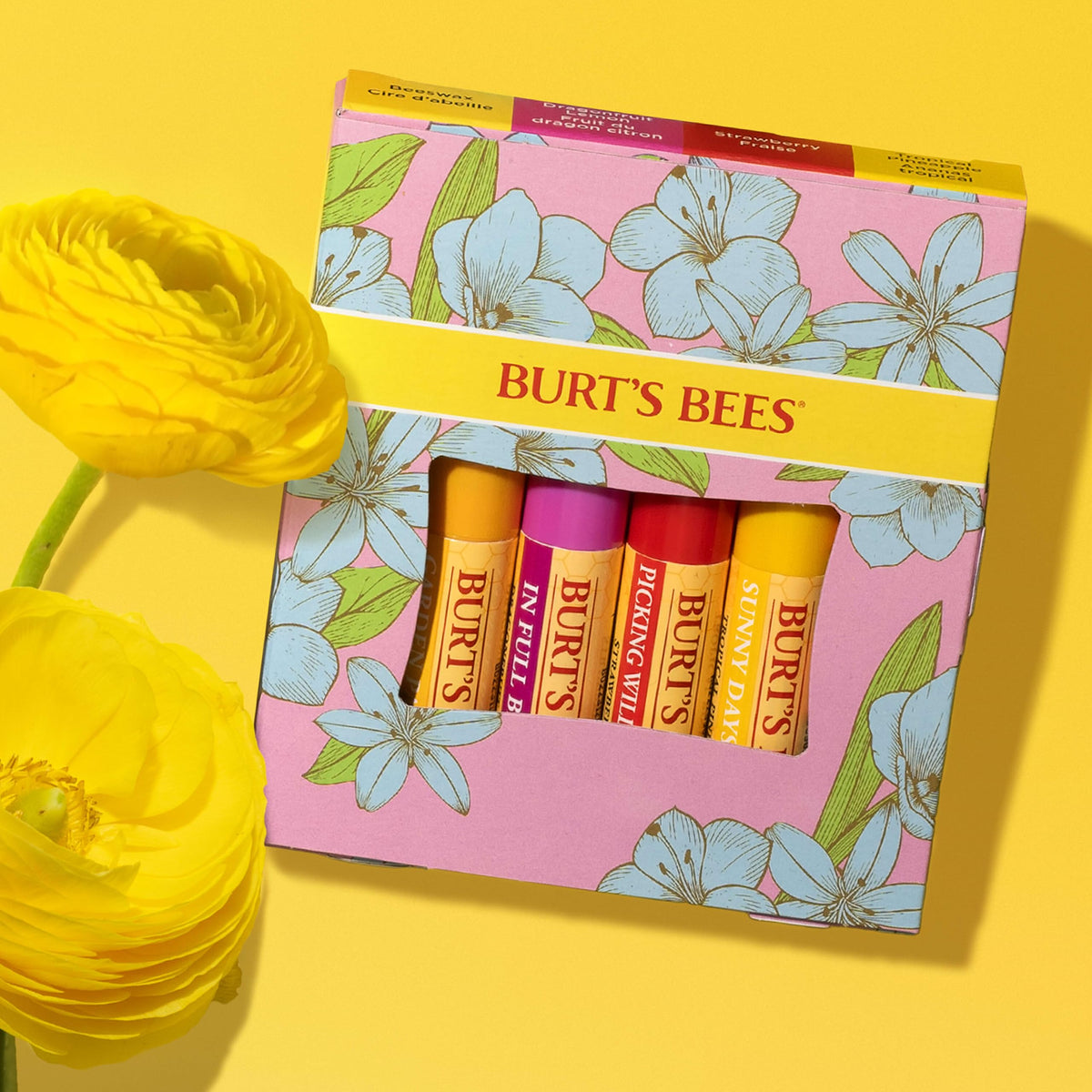Close-up of Dragonfruit Lemon flavour lip balm tube from Burt's Bees