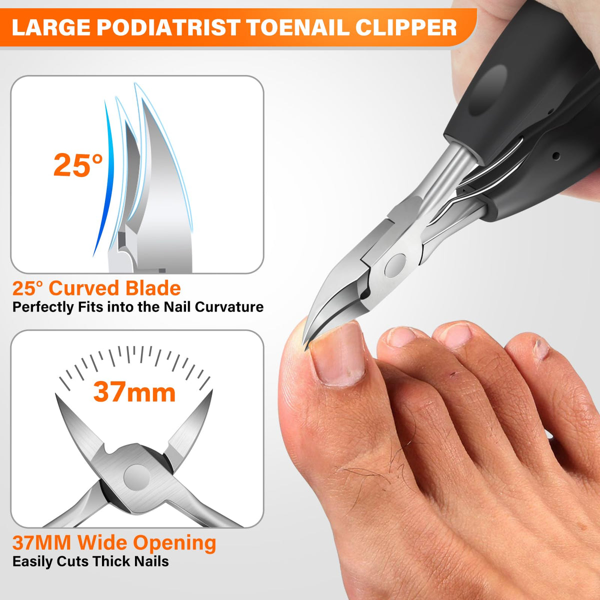 Close-up of DRMODE large podiatrist toenail clippers with wide jaw