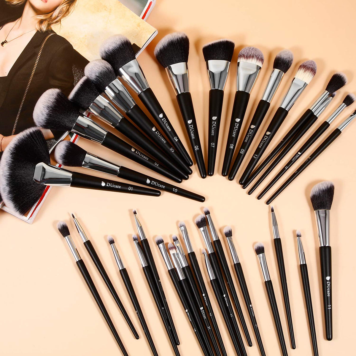 Close-up of DUcare makeup brushes showing synthetic bristles