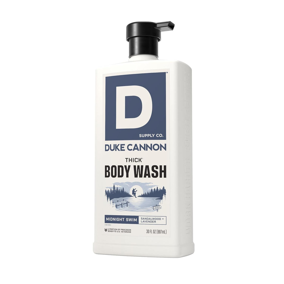 Close-up of Duke Cannon THICK Body Wash Midnight Swim label
