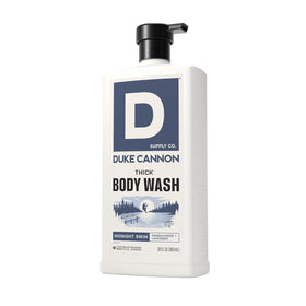 Close-up of Duke Cannon THICK Body Wash Midnight Swim label