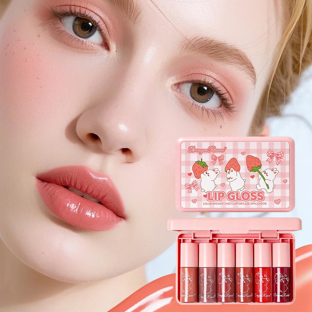 Close-up of Eakroo lip gloss in nude pink shade