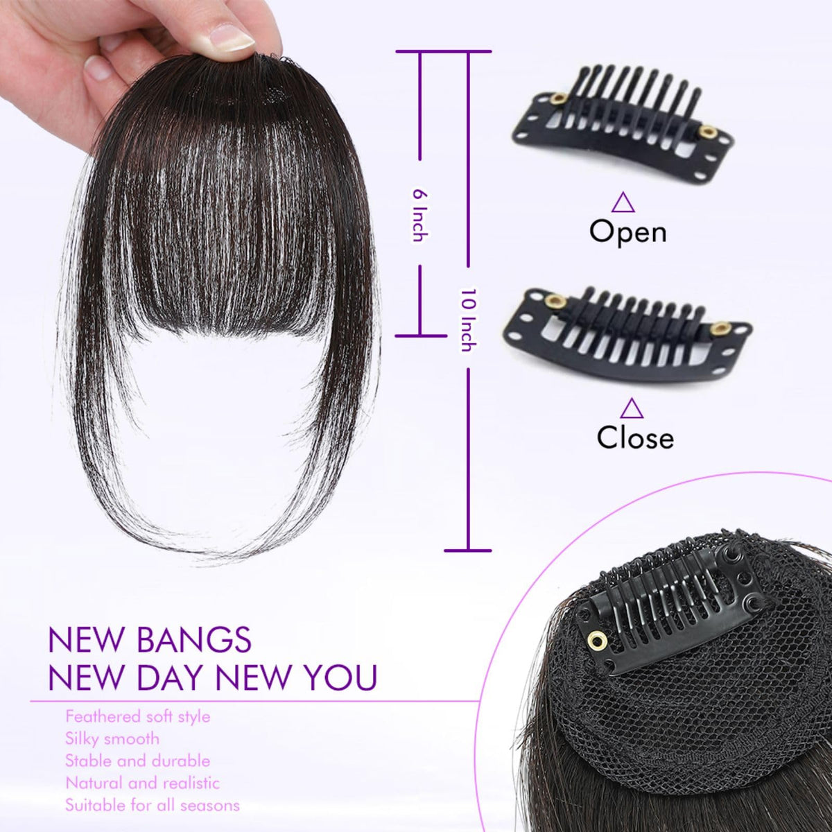 Close-up of ELEFOCUS Clip in Bangs showing the clip