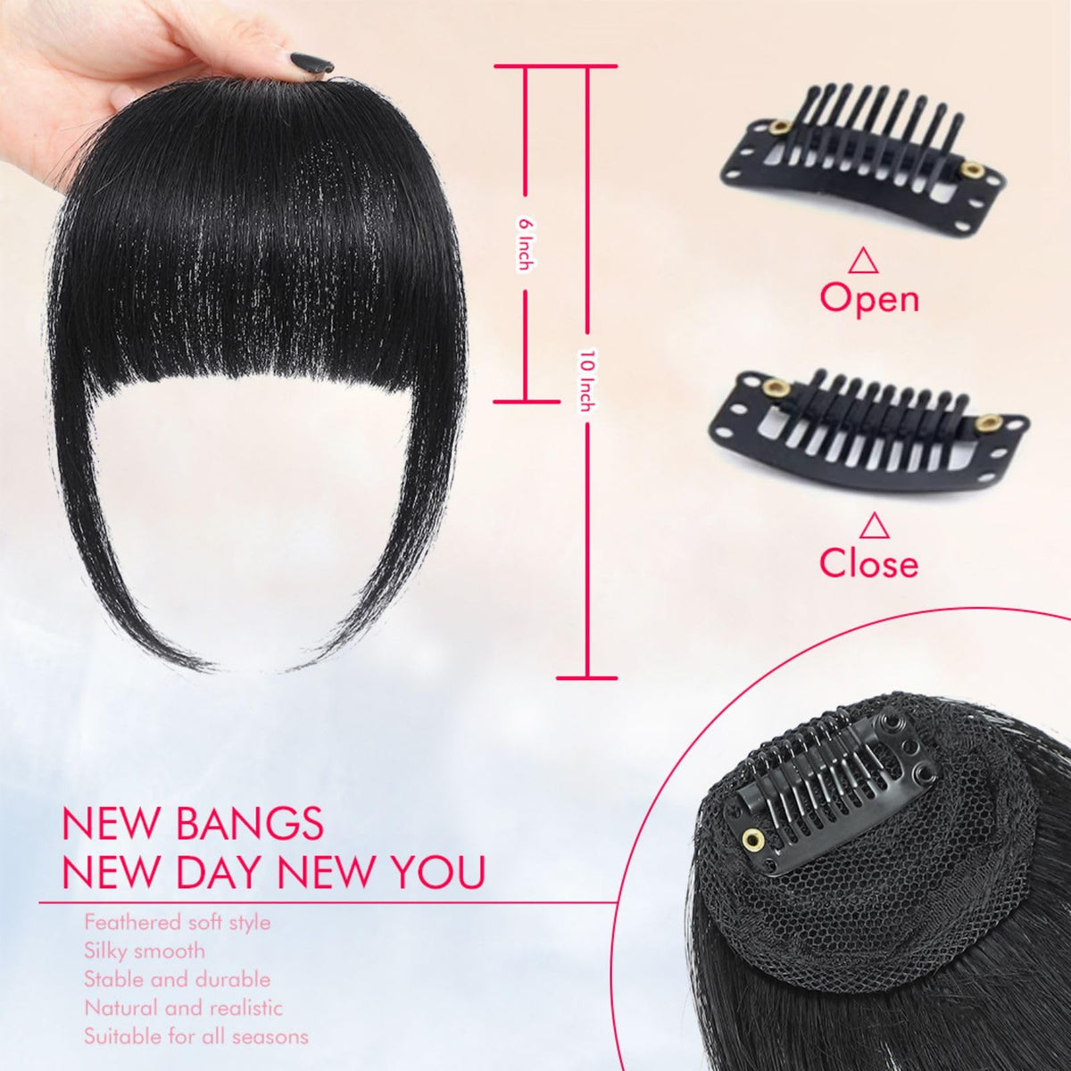 Close-up of ELEFOCUS Clip in French Bangs showing clip detail