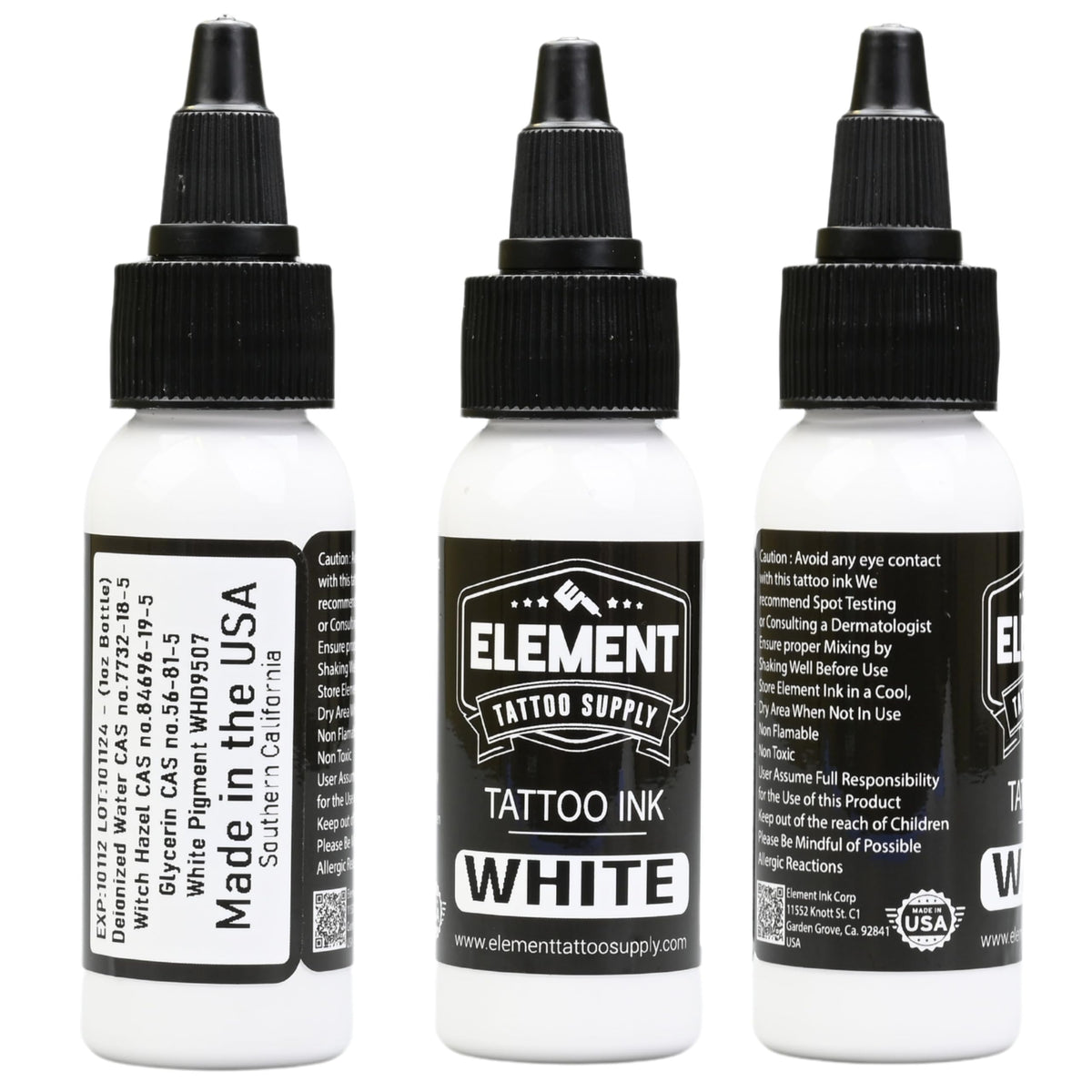 Close-up of Element Tattoo Supply bright white ink bottle