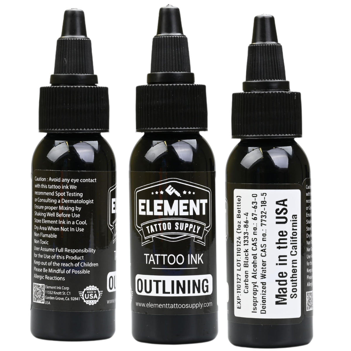 Close-up of Element Tattoo Supply solid black ink bottle
