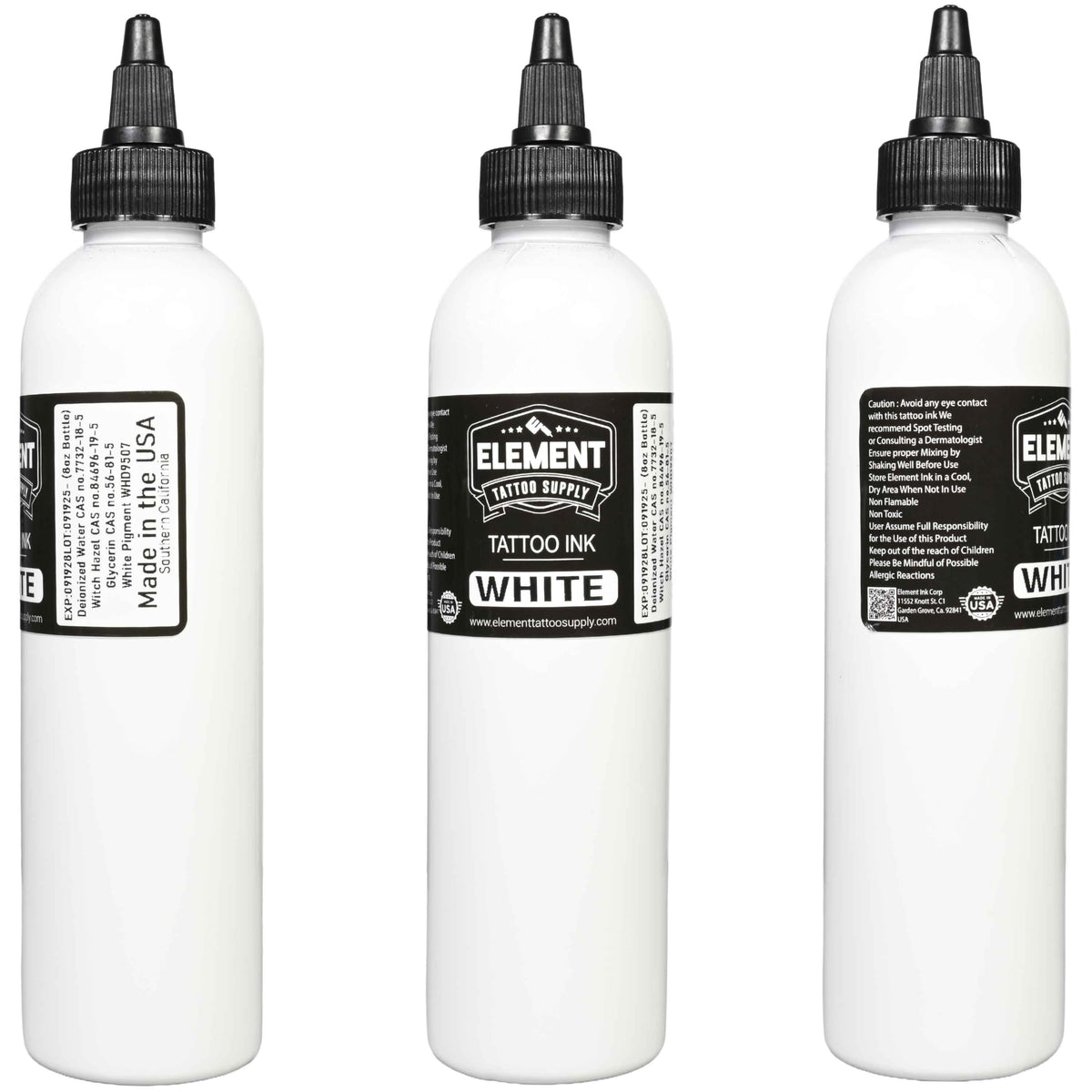 Close-up of Element Tattoo Supply White Tattoo Ink bottle label
