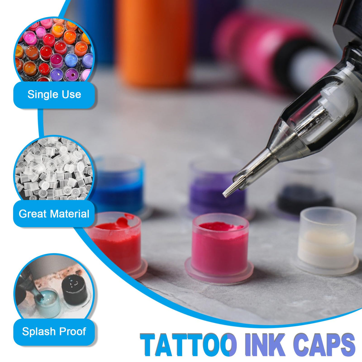 Close-up of Emalla tattoo ink caps showing unique base design
