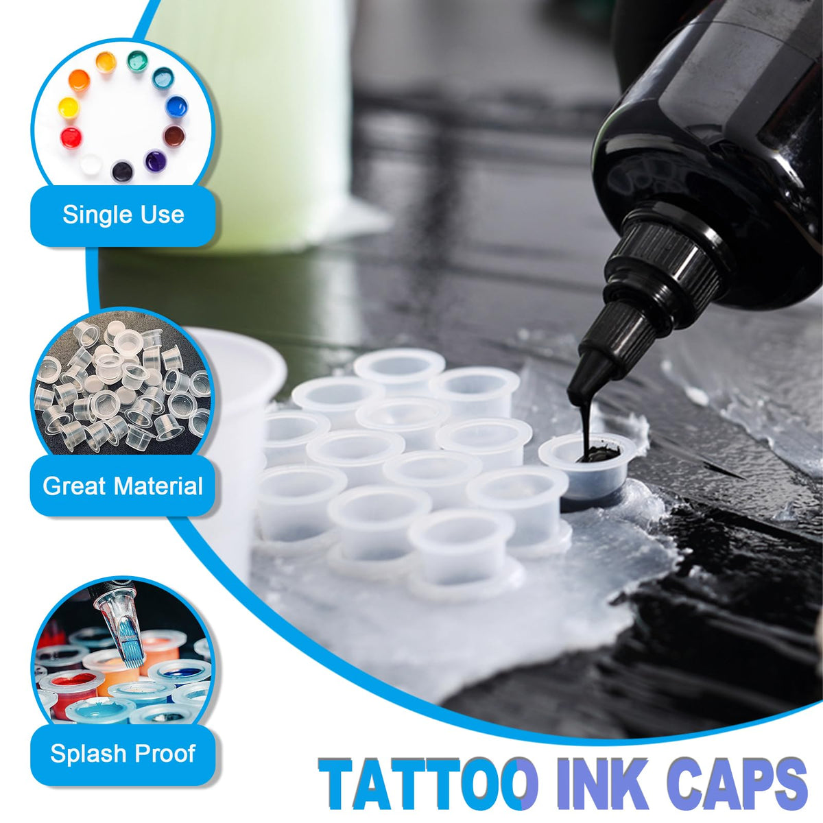 Close-up of Emalla tattoo ink cups showing different sizes