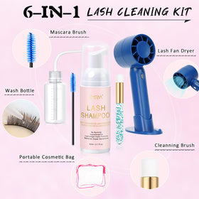 Close-up of EMEDA lash shampoo bottle and cleansing brush