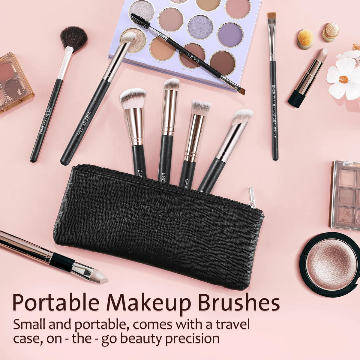 Close-up of ENERGY makeup brushes showing soft bristles