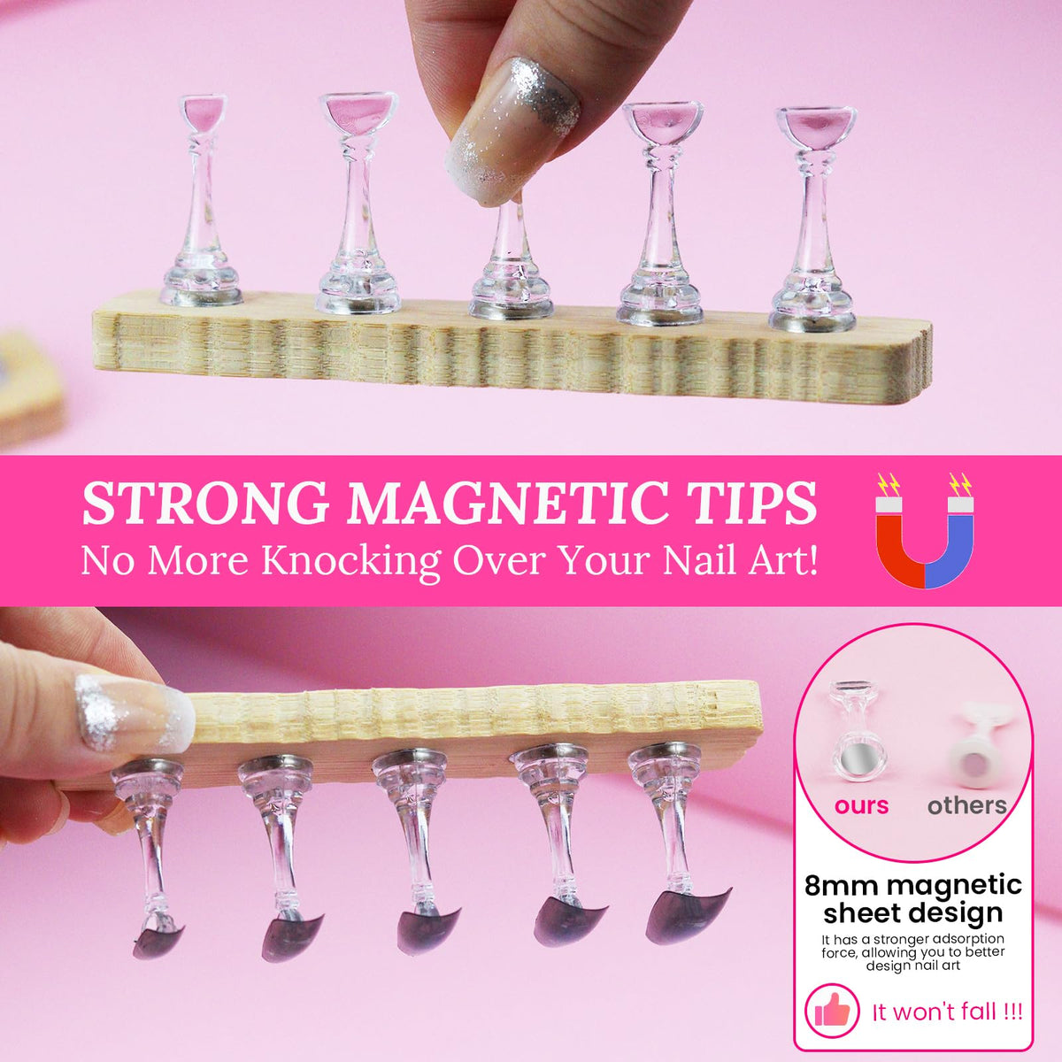 Close-up of ESUOHYM Nail Stand with double-sided tape