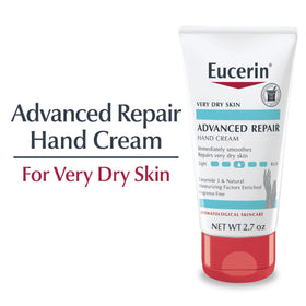 Close-up of Eucerin Advanced Repair Hand Cream tube showing texture