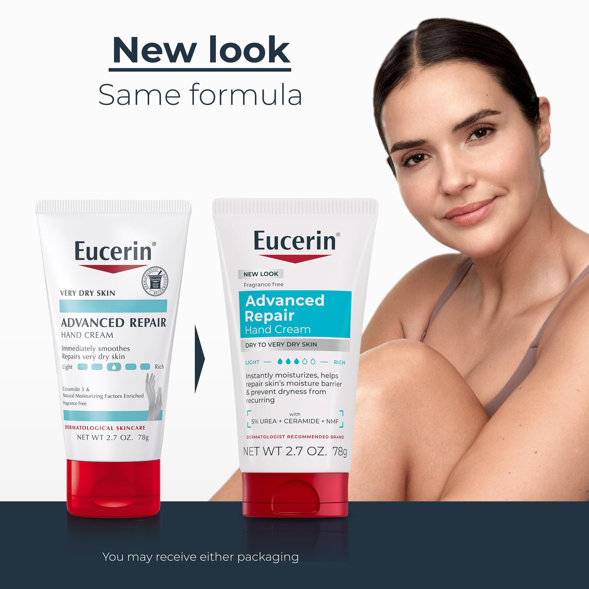Close-up of Eucerin Advanced Repair Hand Cream tube showing urea enriched formula