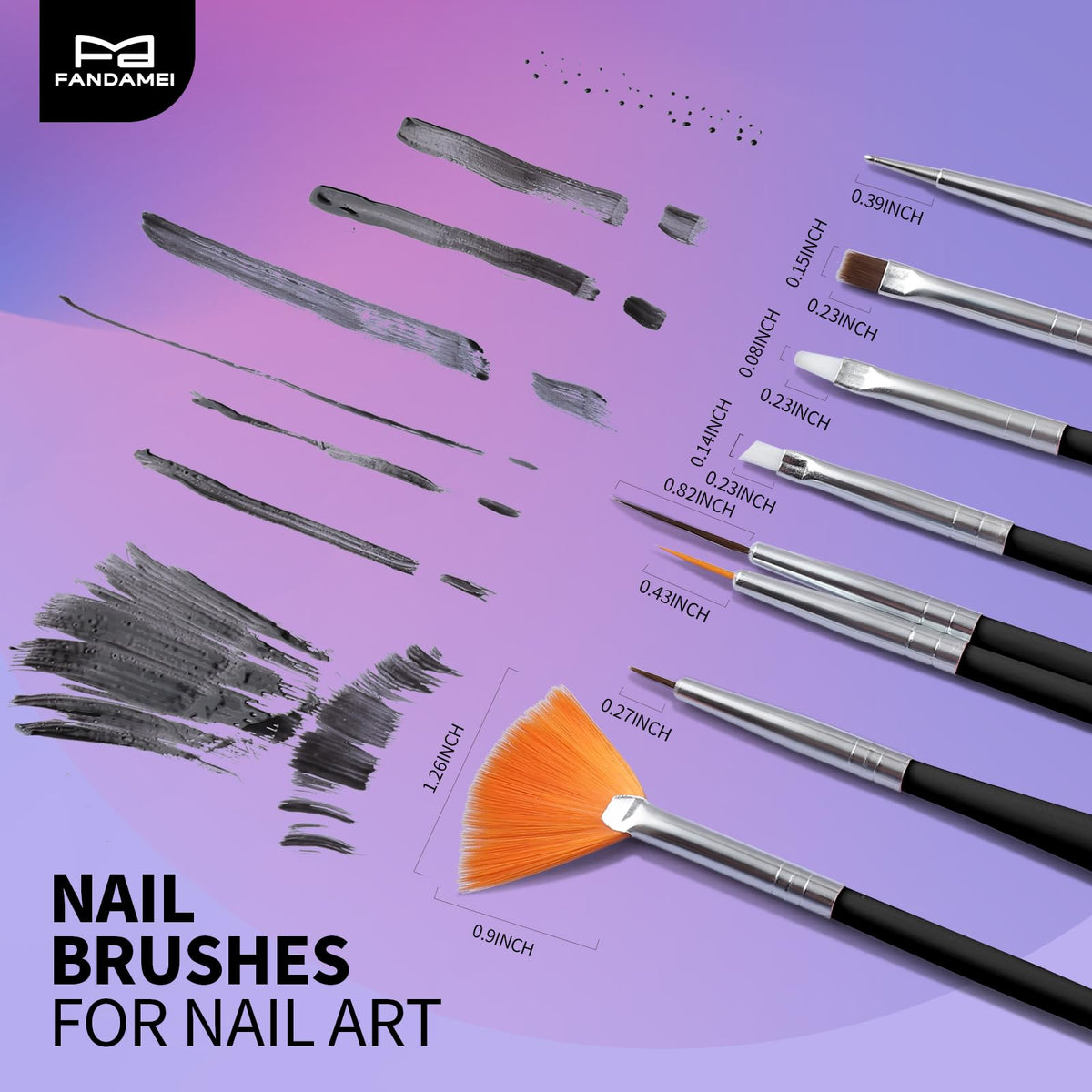 Close-up of Fandamei nail brushes in various sizes