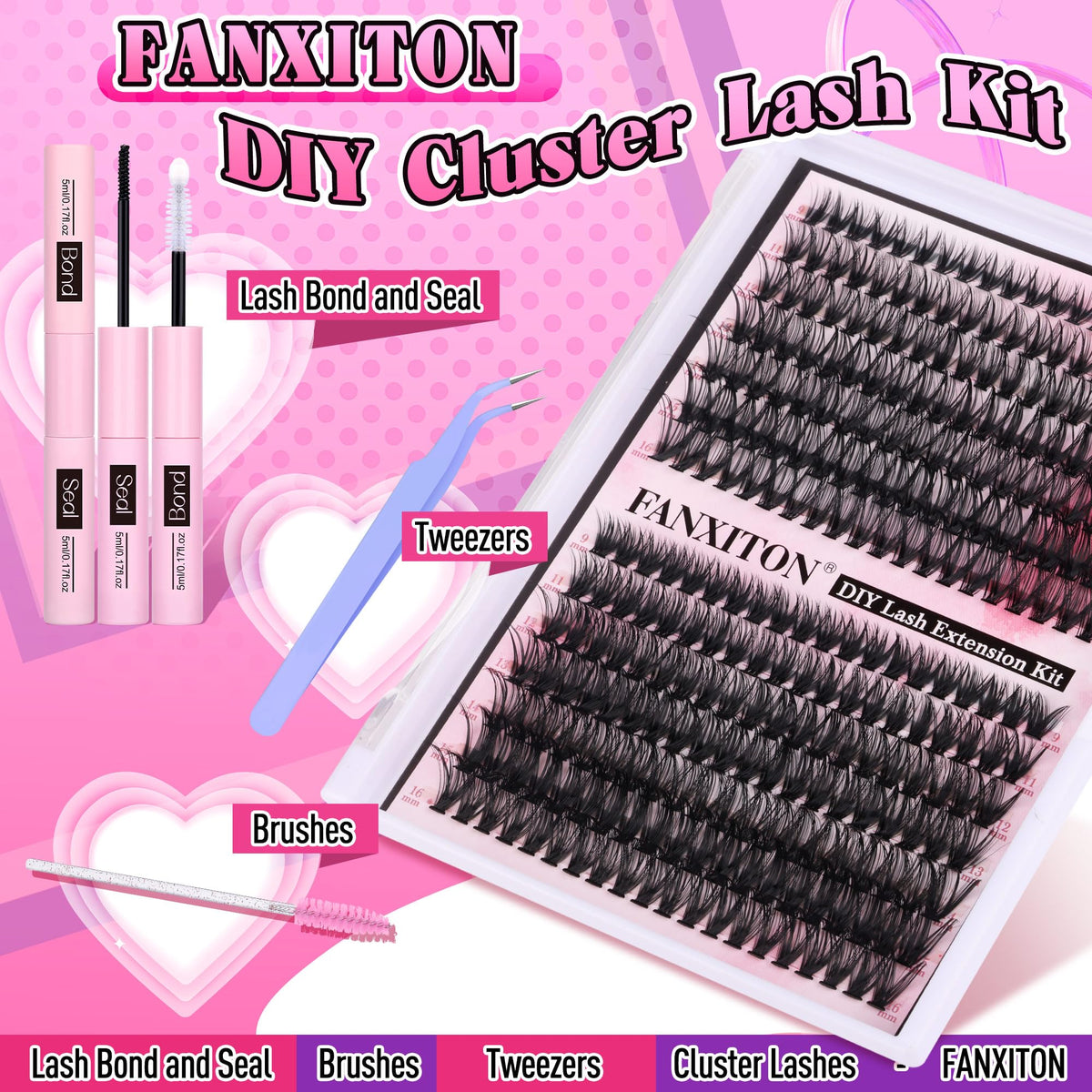 Close-up of FANXITON lash clusters in various lengths