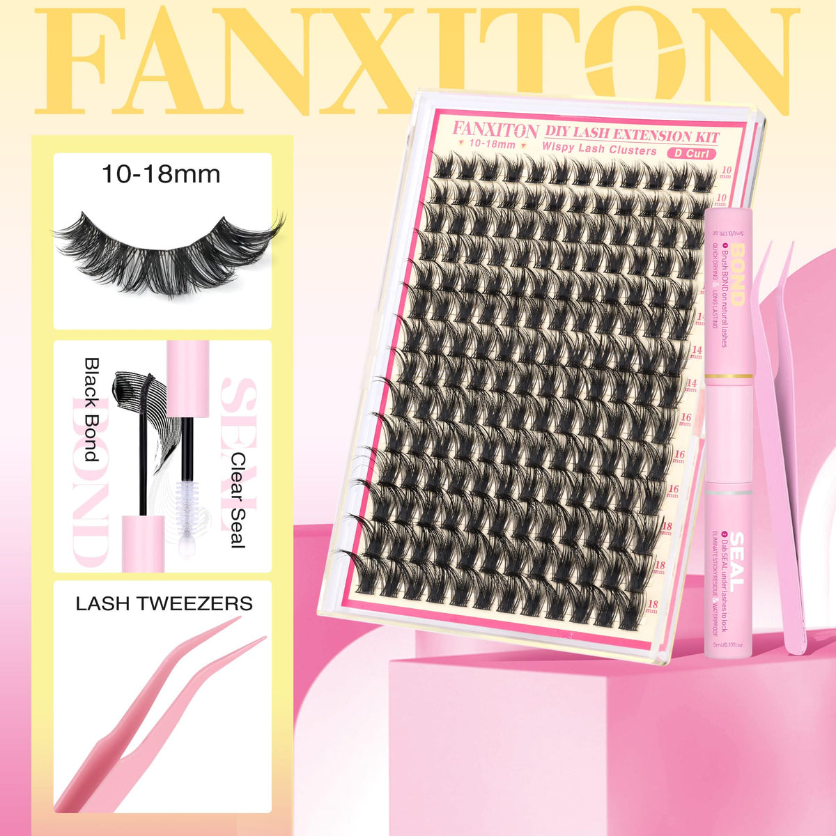 Close-up of FANXITON lash clusters showcasing different lengths