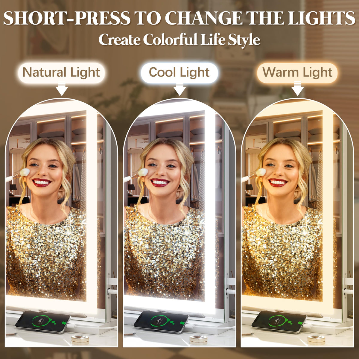 Close-up of FENNIO Vanity Mirror displaying adjustable brightness feature