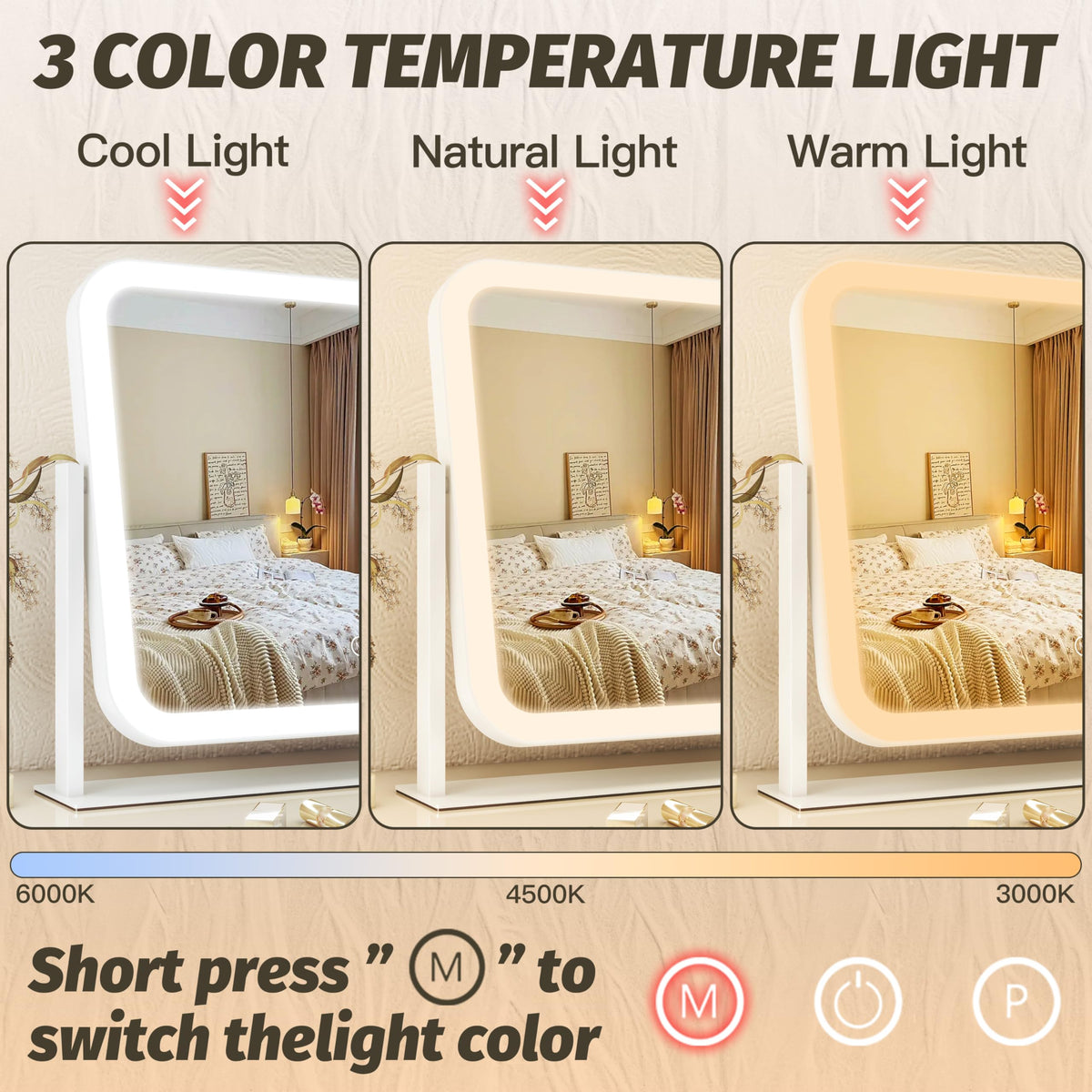 Close-up of FENNIO Vanity Mirror touch screen buttons