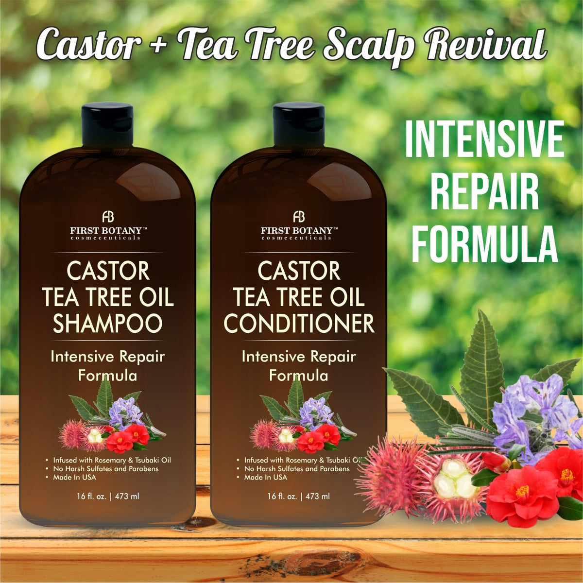 Close-up of First Botany Castor Tea Tree Shampoo bottle
