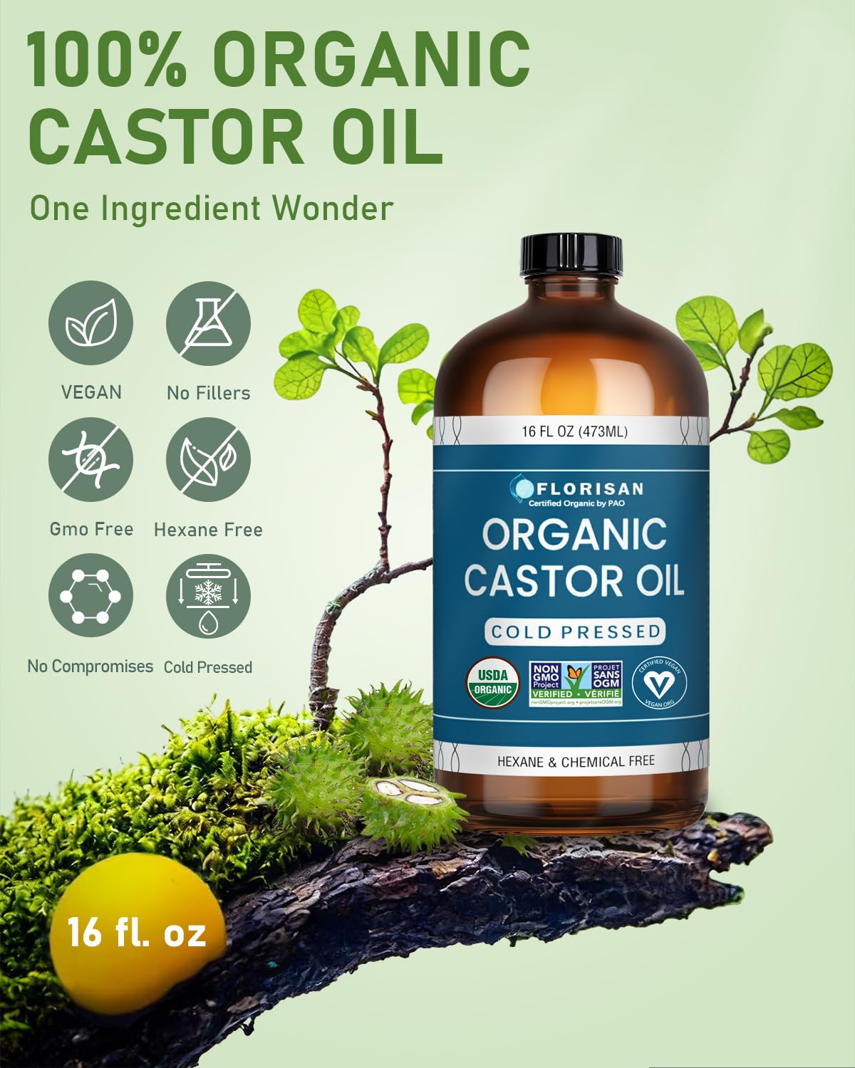 Close-up of Florisan Organic Castor Oil bottle label