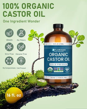 Close-up of Florisan Organic Castor Oil bottle label
