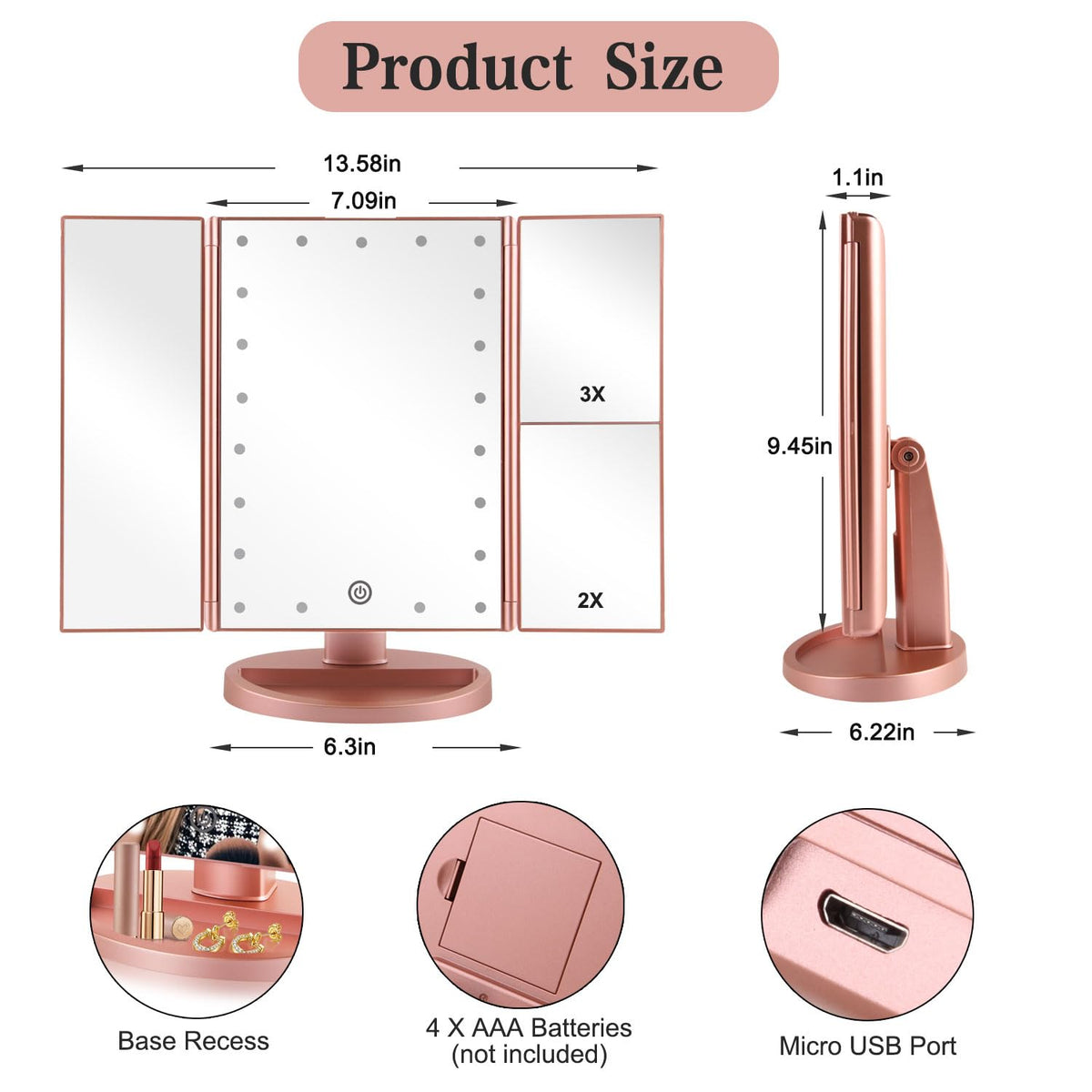 Close-up of Flymiro Tri-fold Lighted Makeup Mirror showing 3X magnification