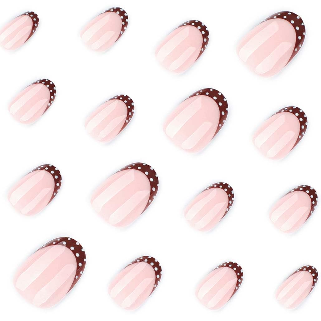 Close-up of Foccna brown almond fake nails with jelly adhesive