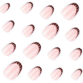 Close-up of Foccna brown almond fake nails with jelly adhesive