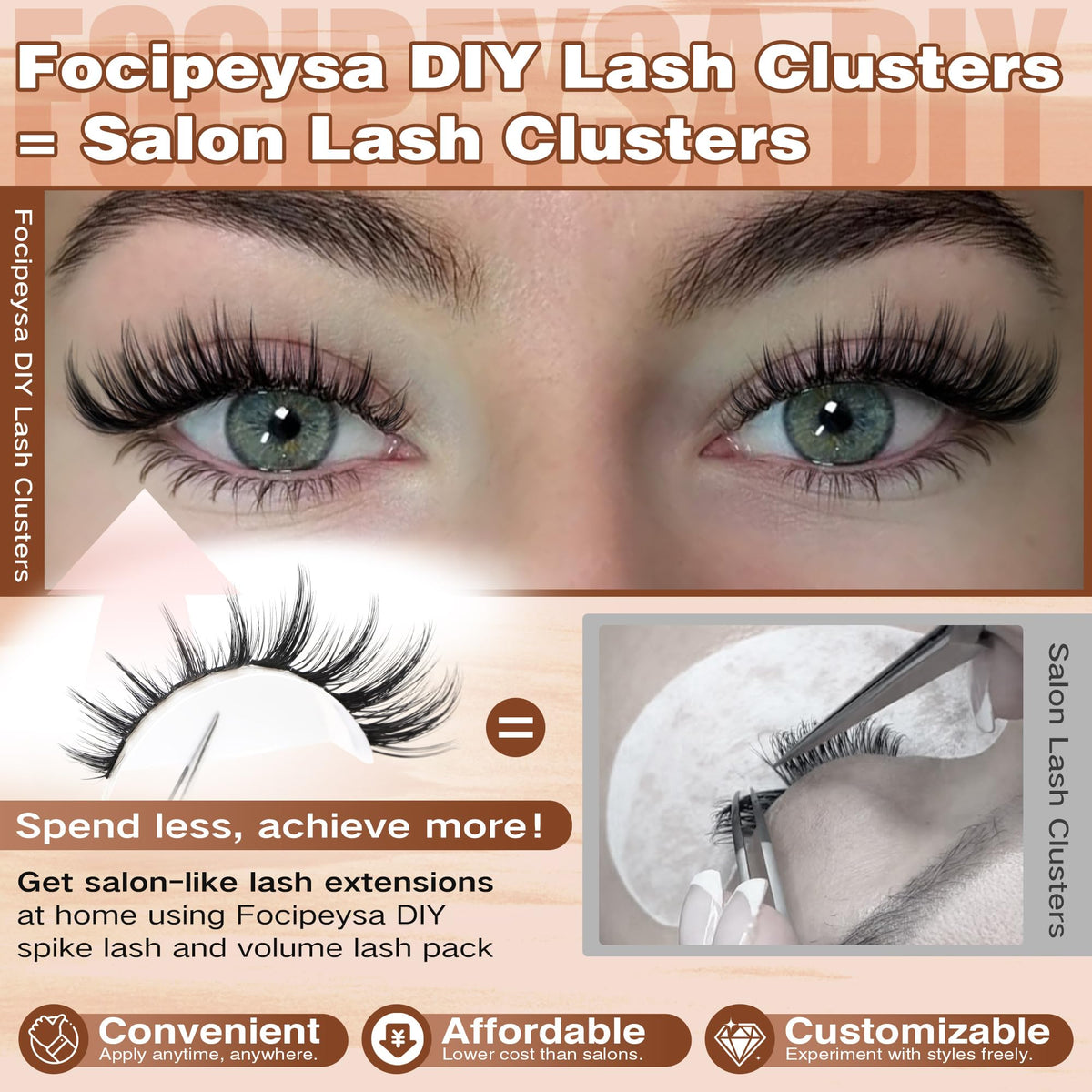 Close-up of Focipeysa Manga Lash Clusters showing different lengths