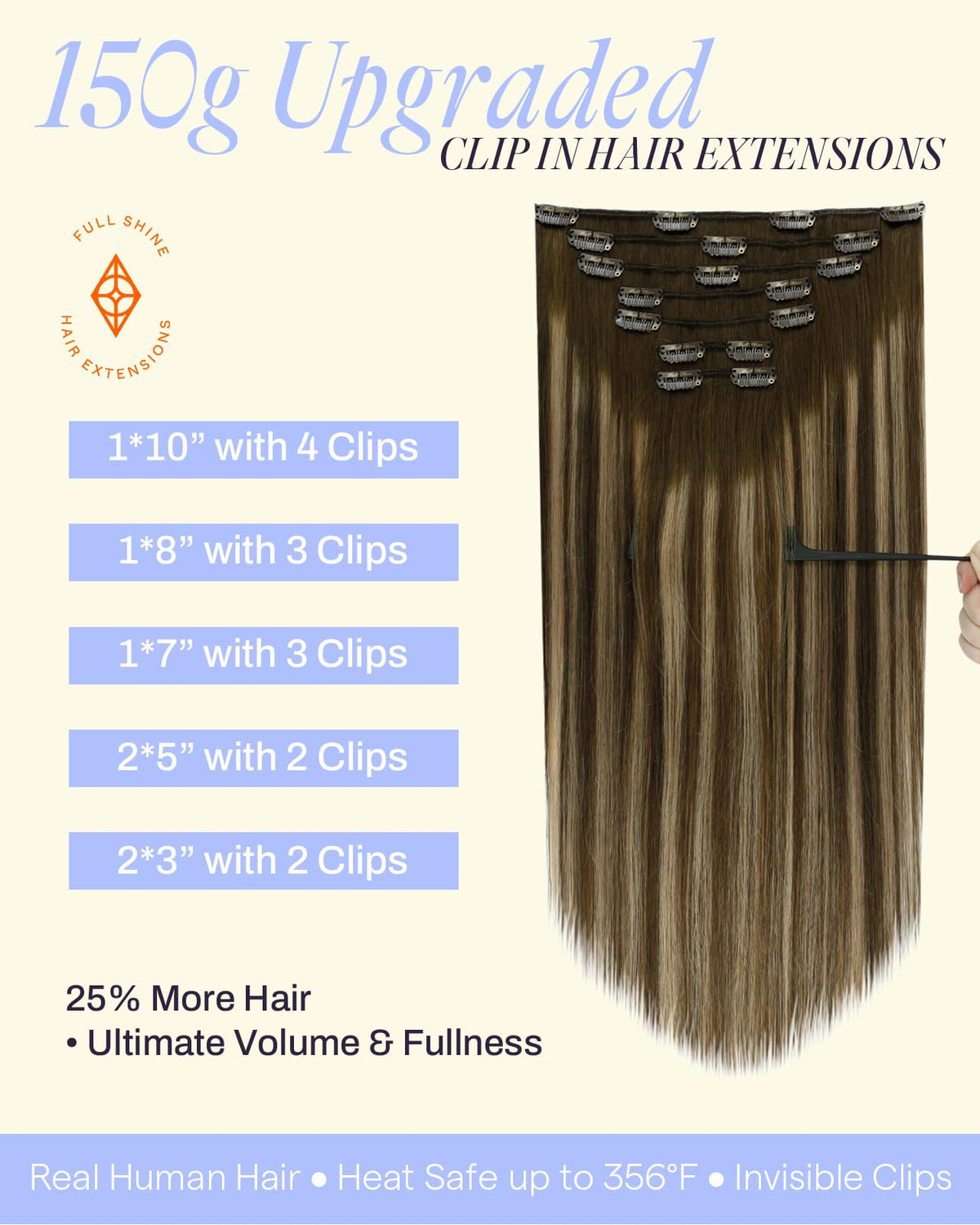 Close-up of Full Shine Balayage Clip in Hair Extensions texture and clips