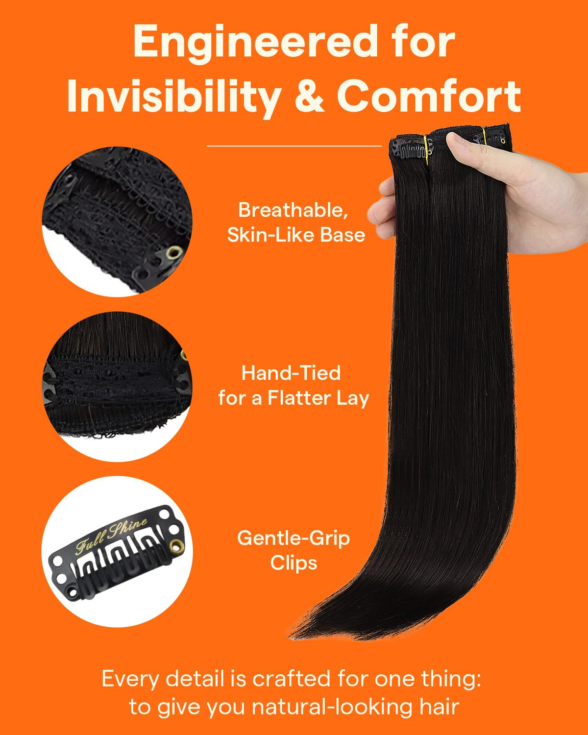 Close-up of Full Shine Black Clip in Extensions texture