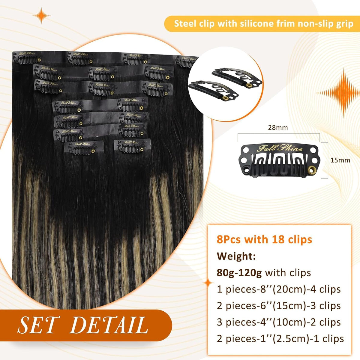 Close-up of Full Shine clip in extensions PU weft