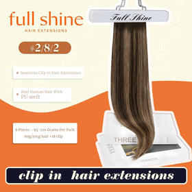 Close-up of Full Shine clip in extensions showing balayage colour
