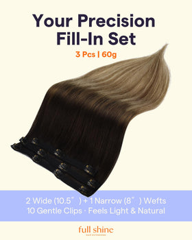 Close-up of Full Shine clip-in extensions with silicone clips