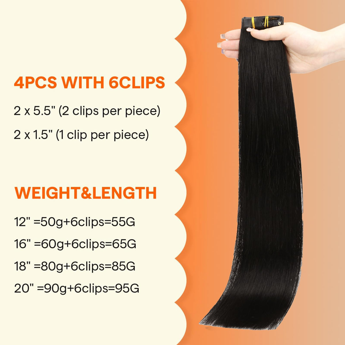 Close-up of Full Shine Clip-in Hair Extensions Natural Black weft