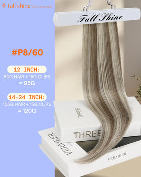 Close-up of Full Shine Clip in Hair Extensions with ash brown and platinum highlights