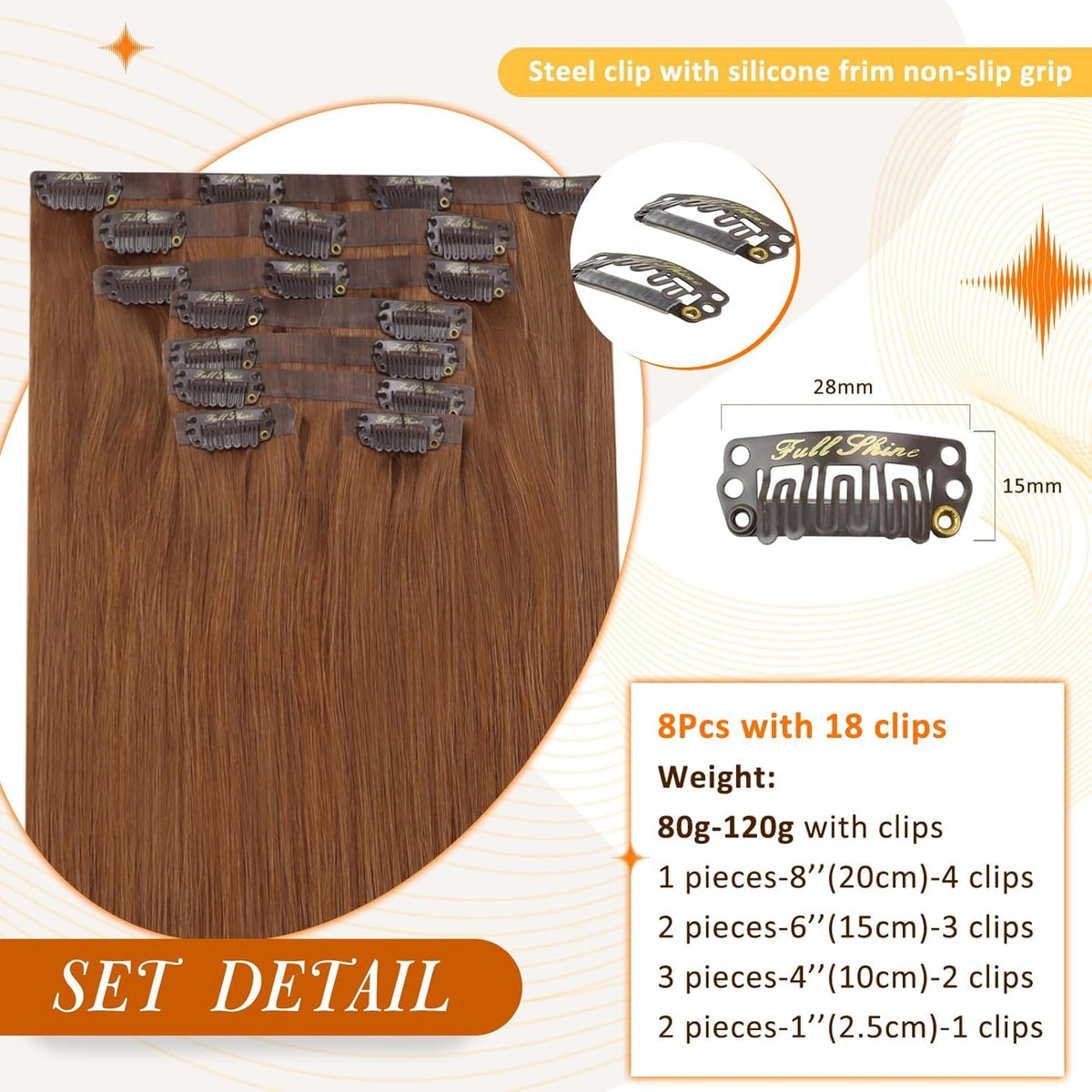 Close-up of Full Shine Copper Brown Clip-in Extensions weft