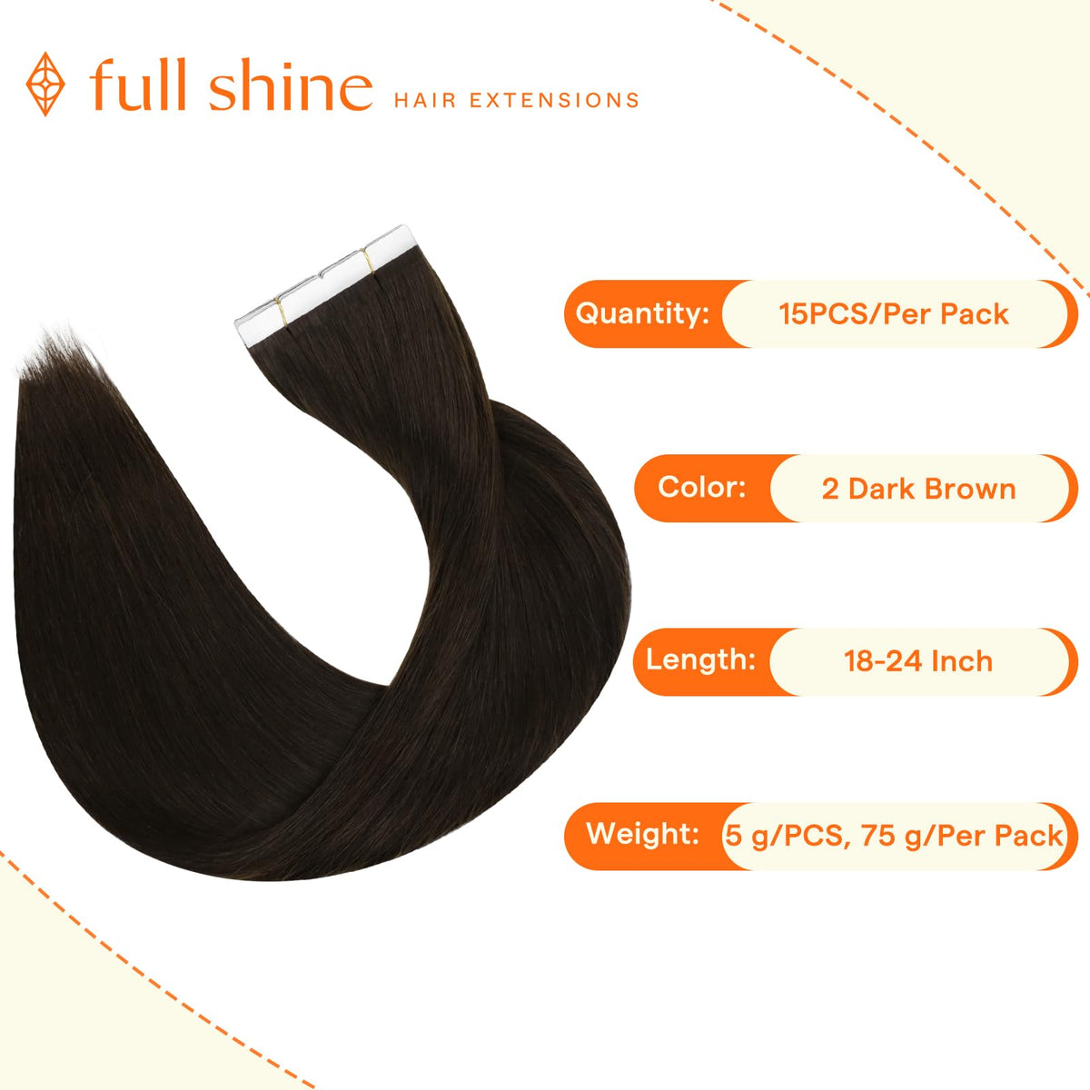 Close-up of Full Shine Darkest Brown hair extensions