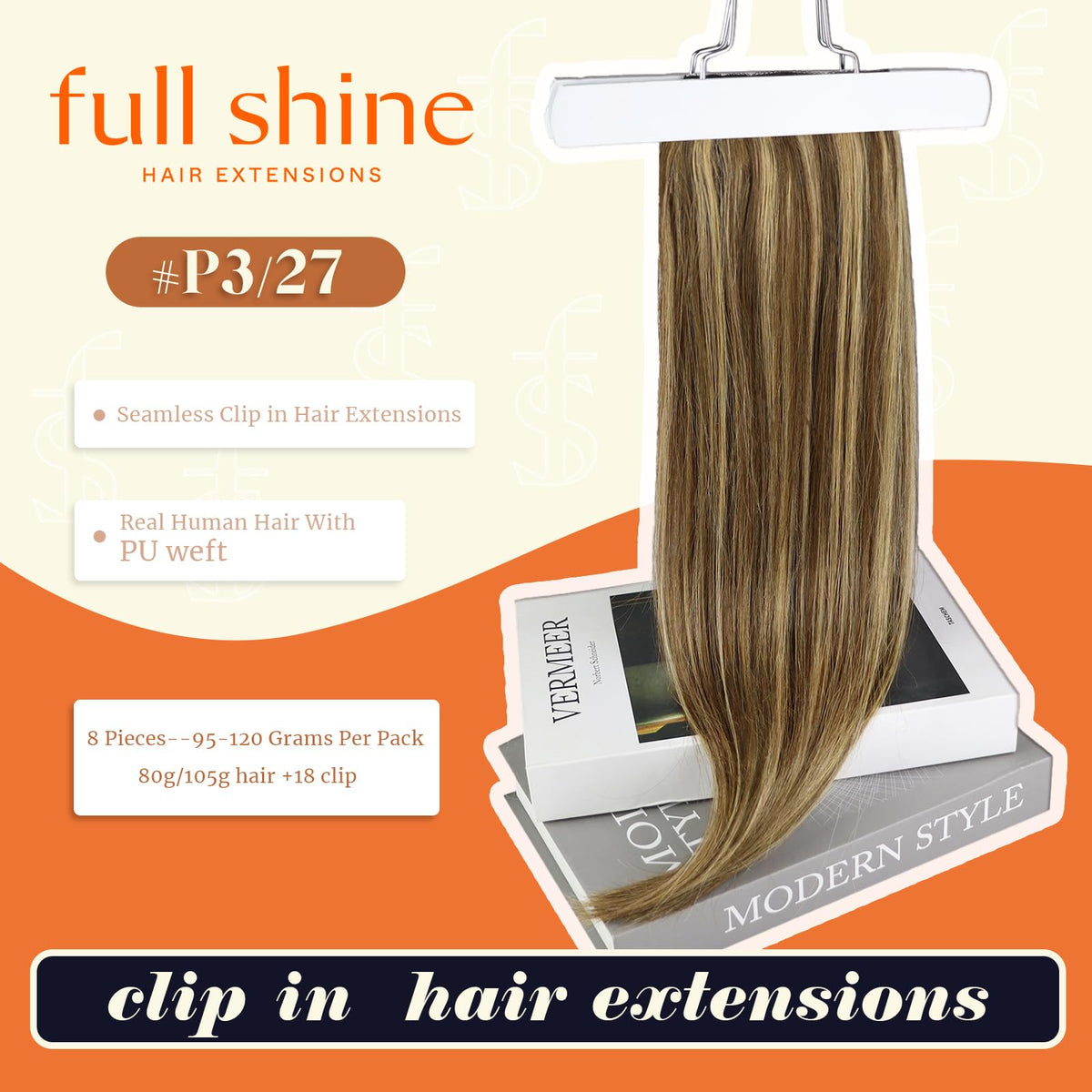 Close-up of Full Shine hair extensions showing caramel blonde highlights