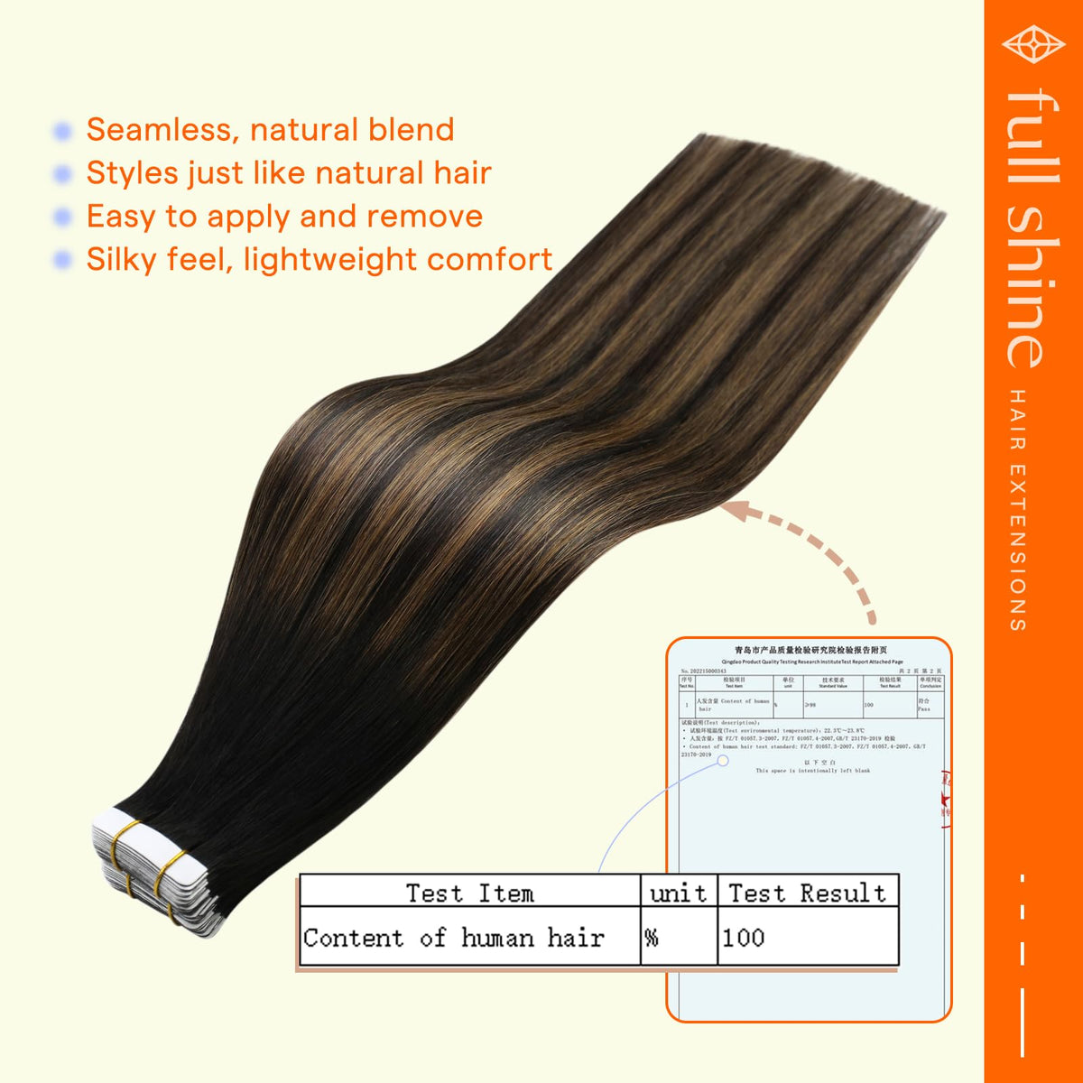 Close-up of Full Shine hair extensions showing double-sided tape