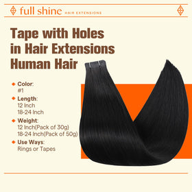 Close-up of Full Shine Holed Tape in Hair Extensions Jet Black with adhesive tape