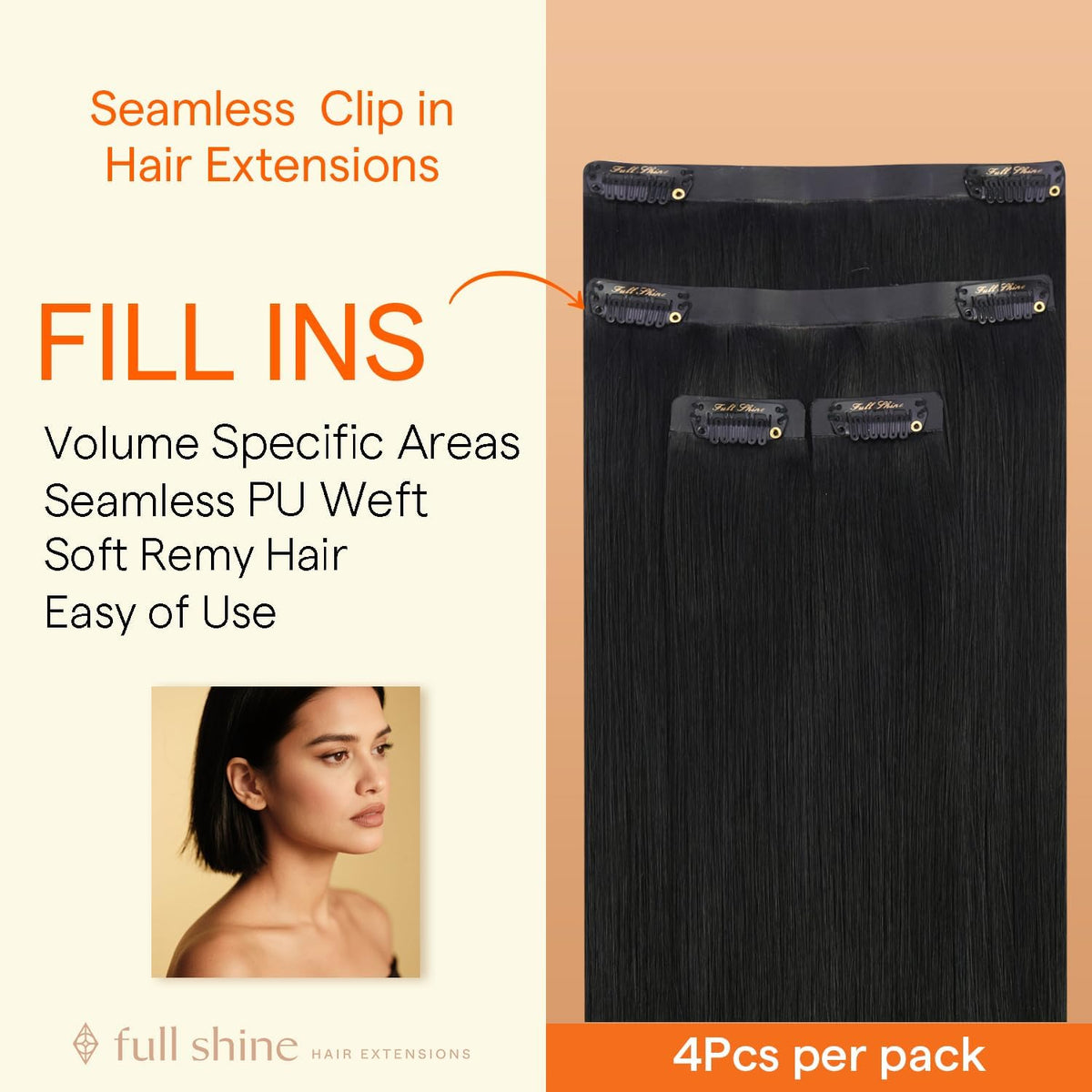 Close-up of Full Shine Jet Black Hair Extensions showing clip-in design