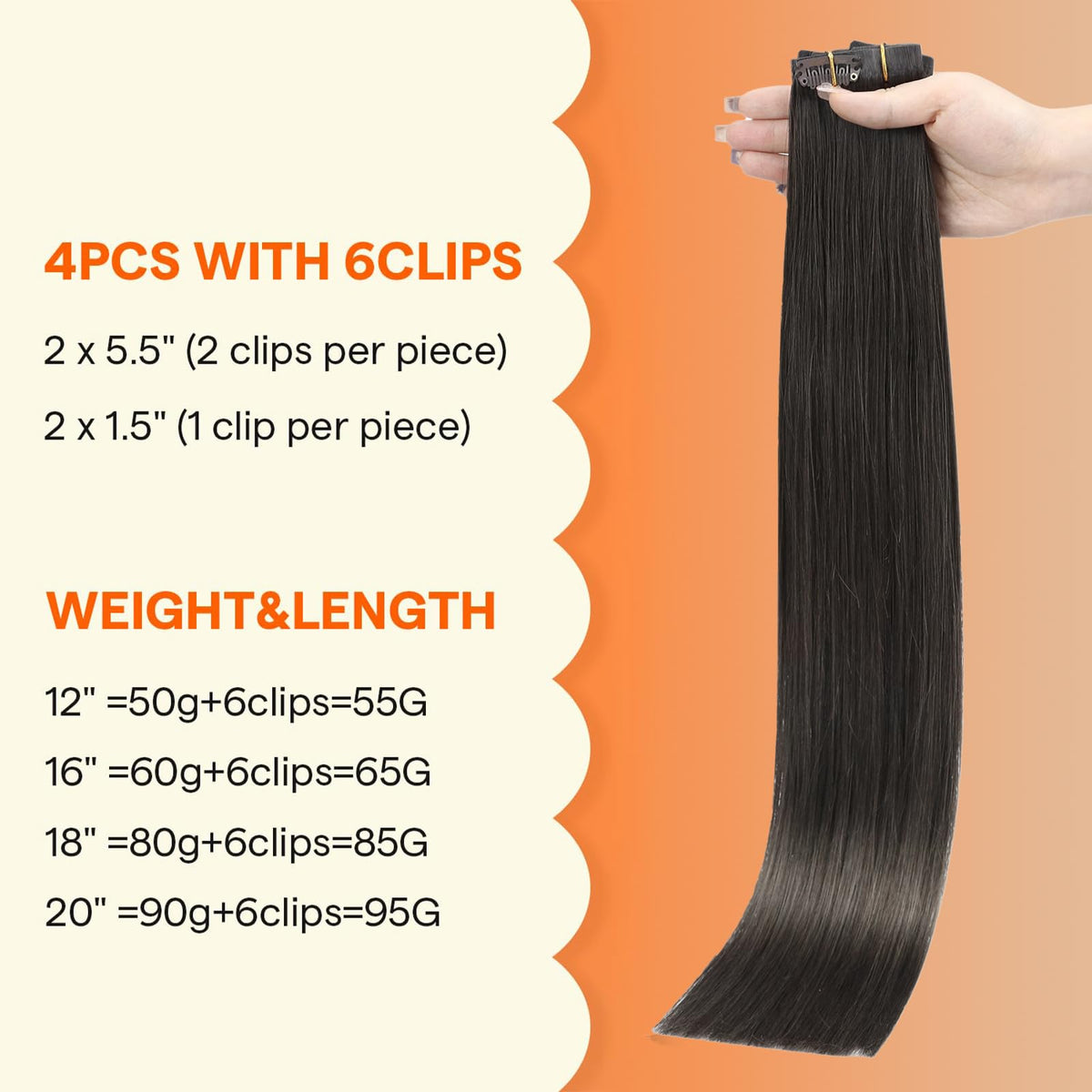 Close-up of Full Shine Soft Black Clip-In Extensions weft