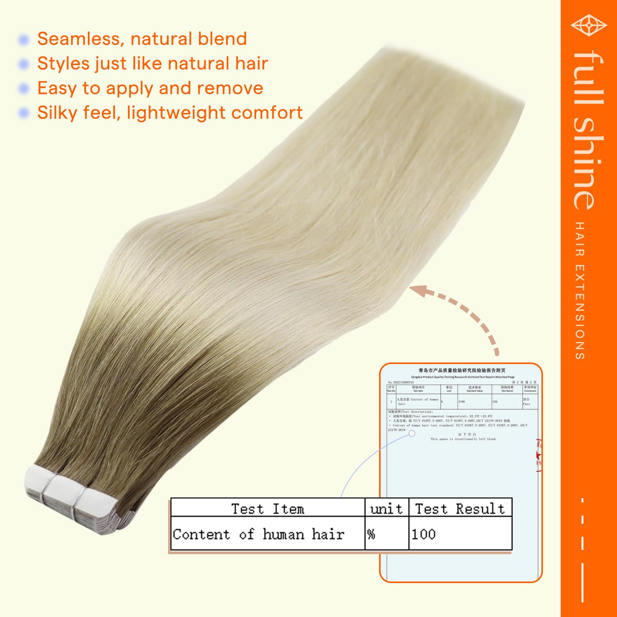 Close-up of Full Shine Tape in Extensions showing the tape