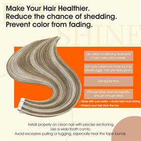 Close-up of Full Shine Tape In Hair Extensions Ash Brown Blonde