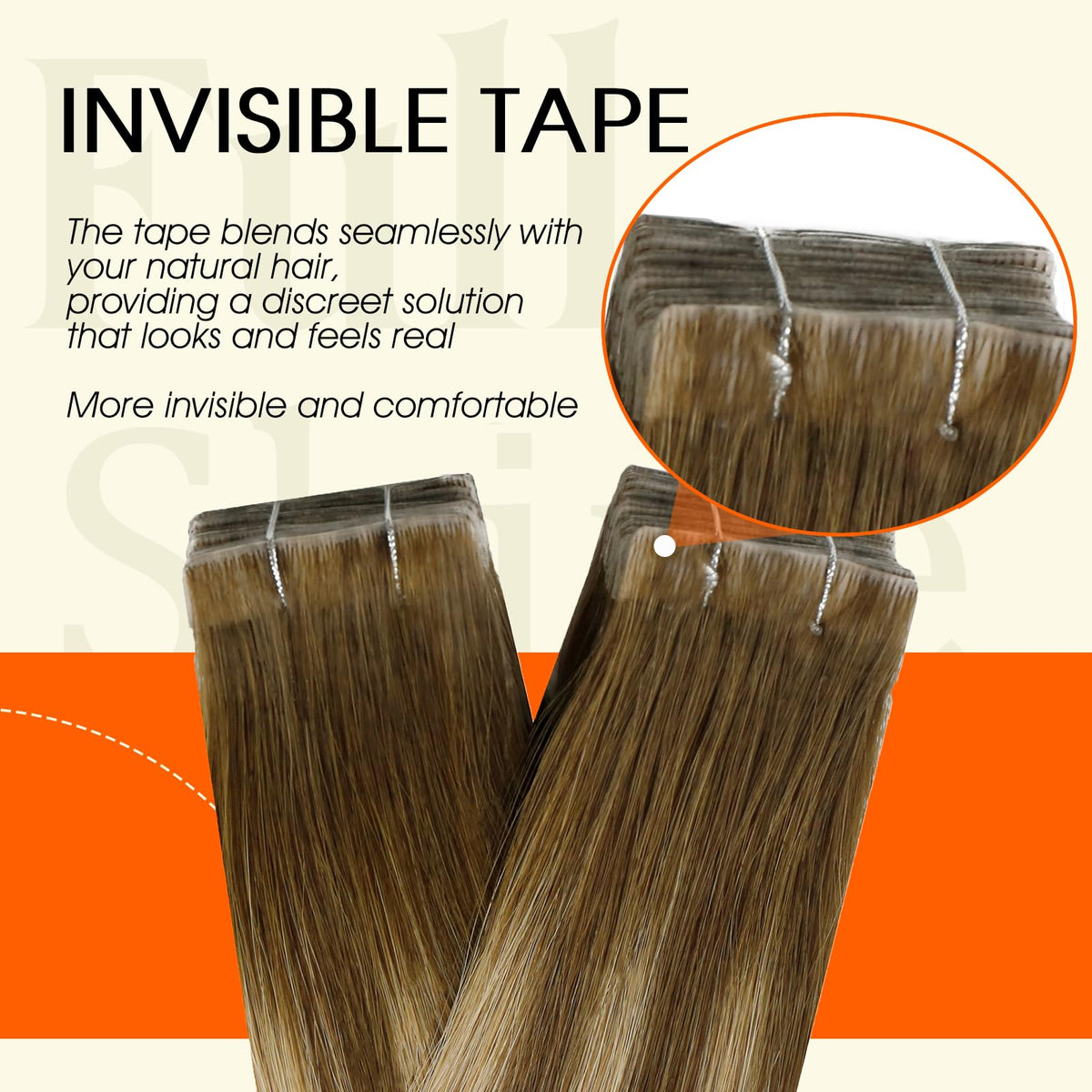 Close-up of Full Shine Tape In Hair Extensions Honey Brown texture