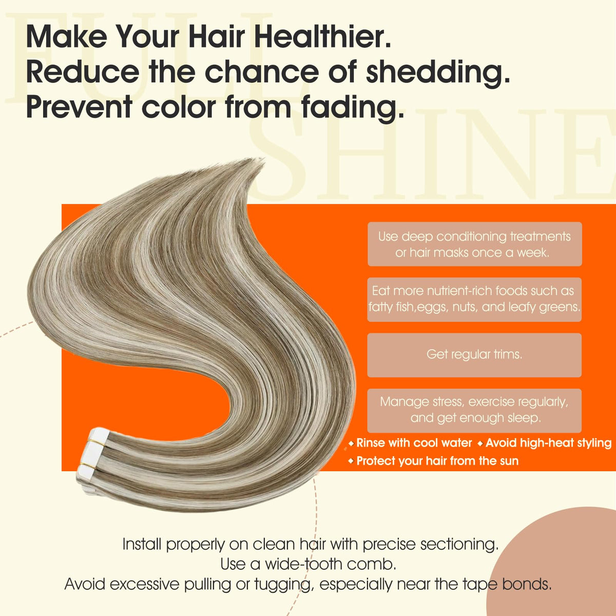 Close-up of Full Shine Tape in Hair Extensions in Ash Brown and Platinum Blonde