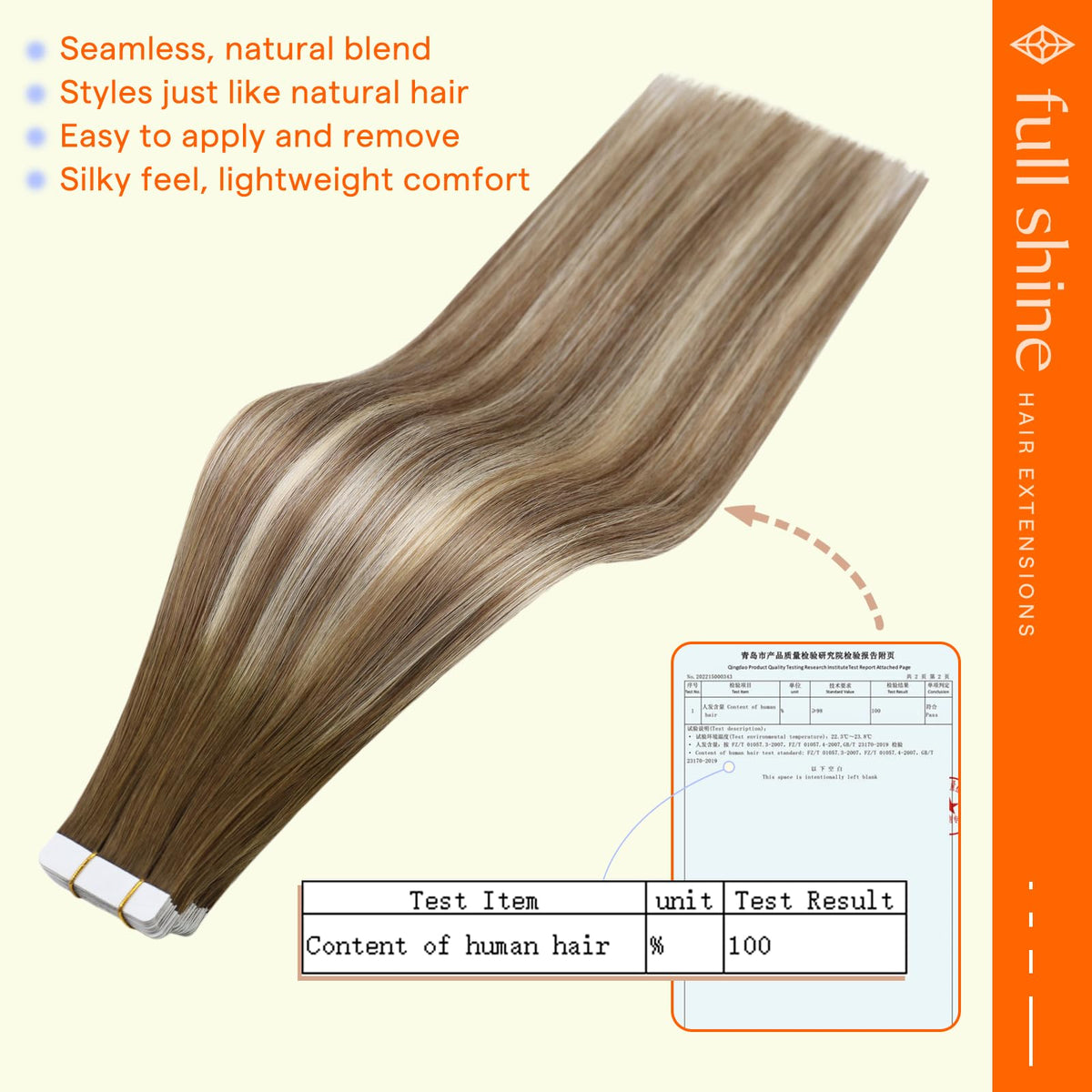 Close-up of Full Shine Tape-In Hair Extensions showing the tape